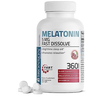 Bronson Melatonin 5mg Fast Dissolve Cherry Flavor Tablets with Vitamin B6 - Nighttime Sleep Aid - Promotes Relaxation, 360 Vegetarian Chewable Lozenges