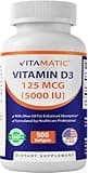 Vitamatic Vitamin D3 5000 IU (125 mcg) - 500 Softgels (Olive Oil Based) - 500 Days Supply - for Healthy Muscle Function, and Immune Support, Non-GMO, Gluten Free in Cold-Pressed Mini Softgels