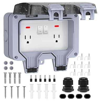 Double Outdoor Outlet with Cover IP66 Waterproof Outdside Plug Socket Weatherproof Exterior Wall Electrical Box with Switch Indicator Light 2-Gang Power Outlet for Wet Garden Swimming Pool