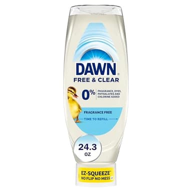Dawn Free & Clear EZ-Squeeze Dish Soap Liquid, Dishwashing Liquid, Grease Removal, Upside Down Bottle, Unscented, 24.3 Fl Oz