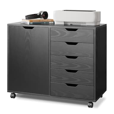 DEVAISE Mobile File Cabinet, 5-Drawer Wood Storage Chest with Door, Printer Stand for Home Office, Black