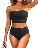 Tempt Me Women Black Bandeau Bikini Set Strapless High Waisted Two Piece Swimsuit Longline Bathing Suits M