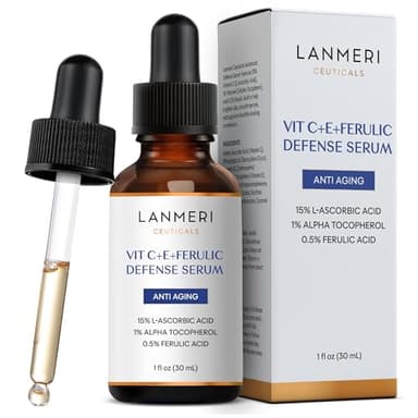 Lanmeri Ceuticals 15% Vitamin C + E + Ferulic Serum: Advanced Antioxidant Defense Formula with 1% Vitamin E & 0.5% Ferulic Acid – High-Stability Vitamin C Serum (1 fl oz)