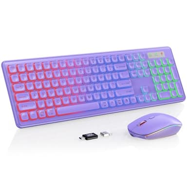 Wireless Keyboard and Mouse Combo, RGB Backlit, Rechargeable & Light Up Letters, Full-Size, Soft Typing, Sleep Mode, 2.4GHz Quiet Keyboard Set for Mac, Windows, Laptop, PC, Trueque (Purple)