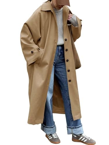 Tankaneo Womens Long Trench Coat Single Breasted Oversized Windproof Classic Lapel Fall Overcoat