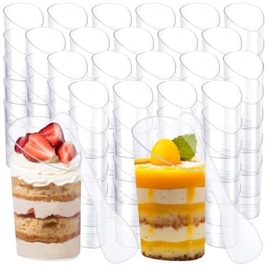 MAQUITA 100 Pack Mini Dessert Cups with Spoons Small Plastic 3 oz Slanted Round Shooter Disposable Clear Plastic Parfait Appetizer Cup for Tasting Sample Appetizers