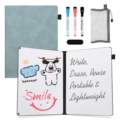 AGM Portable White Board Dry Erase Notebook, 12" x 9" Double Sided Folding Whiteboards with 3 Pens, Small Travel Dry Erase Board Skin-friendly Material for Study, Meeting, Planning, Ocean Blue
