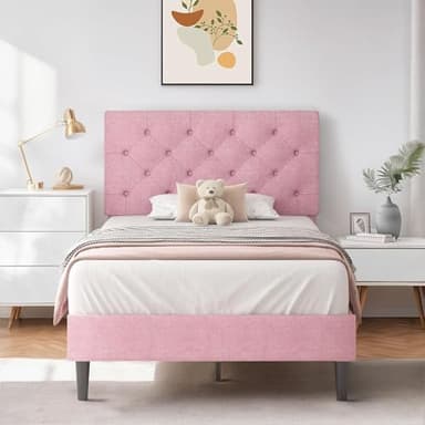 HOMBCK Twin Size Bed Frame with Headboard, Pink Upholstered Linen Fabric Bed Frame with Wooden Slats, Twin Bed Frames for Girls, Button Tufted Design, No Box Spring Needed, Pink