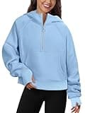 FKEEP Womens Half Zip Hoodies Quarter Zipper Up Cropped Sweatshirt Long Sleeve Athletic Pullover Tops with Thumb Hole(Light Blue,Large)