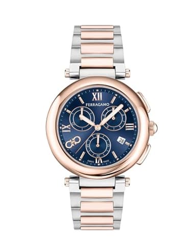 Ferragamo Legacy Collection Luxury Womens Watch Timepiece with a Two Tone Bracelet Featuring a Two Tone Case and Blue Dial