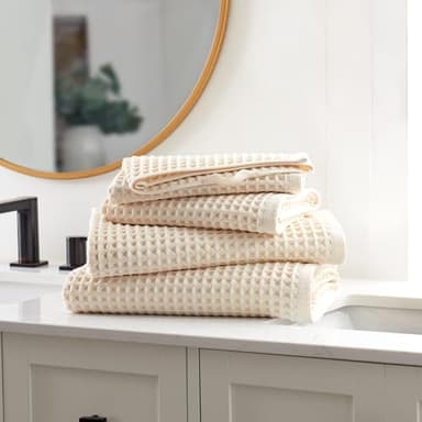 DKNY Pure Waffle Towels for Bathroom, 4 Pc Towel Set, 100% Cotton Quick Dry Towels, Absorbent, Super Soft, 2 Bath, 2 Hand, Natural