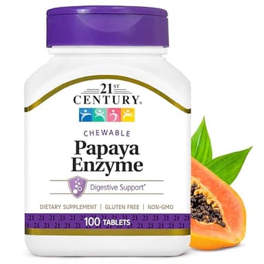 21st Century Papaya Enzyme Chewable (100 Count), Papaya & Pineapple Digestive Enzymes for Gut Health, Tropical Flavor, Non-GMO, Gluten-Free, No Added Salt, Artificial Flavors