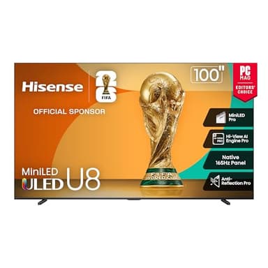 Hisense 100" Class U8 Mini-LED ULED 4K UHD Google Smart TV (100U8QG, 2025 Model) - QLED, Native 165Hz, VRR 288, Up to 5000 Nits, HDR10+, Dolby Vision IQ · Atmos, IMAX Enhanced, 4.1.2 Ch Surround