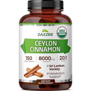 Zazzee USDA Organic Ceylon Cinnamon 20:1 Extract, 150 Vegan Capsules, 5 Month Supply, Sri Lankan Variety, Cinnamomum Verum, Antioxidant & Metabolic Support, All-Natural, Non-GMO, Made in the USA