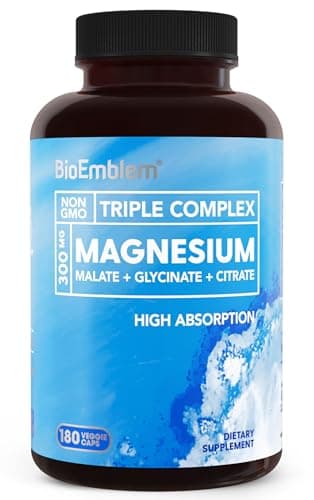 BioEmblem Triple Magnesium Complex | 300mg of Magnesium Glycinate, Malate, & Citrate for Muscles, Nerves, & Energy | High Absorption | Vegan, Non-GMO (180 Capsules)