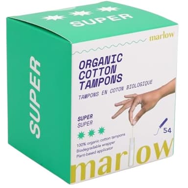 Marlow 100% Organic Cotton Easy Glide Tampons with Compact Plant Based BPA Free Applicator, Chlorine Free, Toxin Free, Hypoallergenic, Dermatologically Tested, Fragrance Free, Super, 54 Count