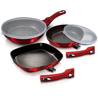 5Pcs Aluminum Non-Stick Frying Pan with Grill Induction Removable Handles (Wine Red)