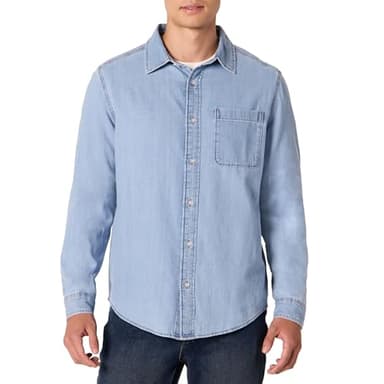 Amazon Essentials Men's Regular-Fit Long-Sleeve Button-Down Denim Shirt, Light Indigo Wash, Medium