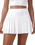 CRZ YOGA Women's High Waisted Pleated Tennis Skirts with Pockets Tummy Control Casual Liner A Line Workout Golf Skorts White Medium