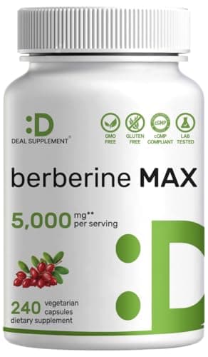 DEAL SUPPLEMENT Berberine Max Supplement with Turmeric, 5000 mg** Per Serving, 240 Vegetarian Capsules | Berberine HCl with Turmeric Root Extract | Non-GMO