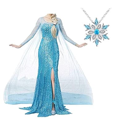 Choadam Princess Coronation Dress Snow Queen Adult Women cosplay wig necklace Costume Cosplay Halloween (Blue Dress+necklace,XS=0-2 size)