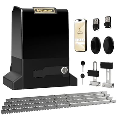 Blütezeit 1800lb WiFi Sliding Gate Opener Smart App Control, 1/2HP Automatic Slide Gate Motor Rack Driven with 2 Remote Controls & IR Sensor Complete Hardware Kits for Driveway Gates Up to 40ft