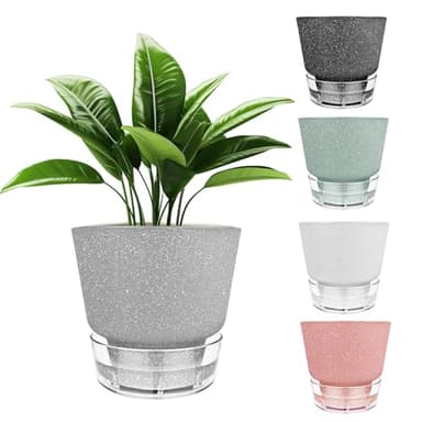 HYNZ 6-Inch Self-Watering Plant Pot with Visual Reservoir and Drainage Hole, Set of 5, Plastic Flower Pots, Planting Pot for Indoor Outdoor Plants (Frosted Mixed Color)