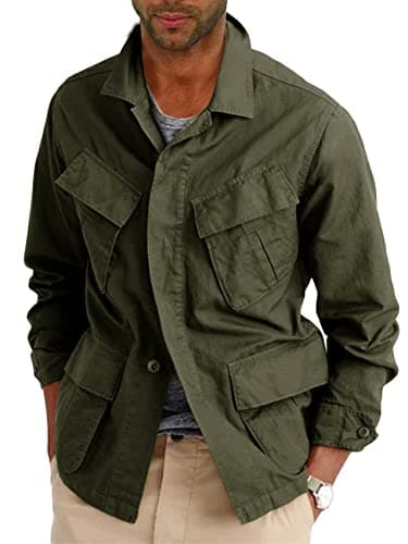 Runcati Mens Lightweight Safari Jacket Button Up Cotton Outdoor Military Cargo Long Sleeve Outwear Army Green