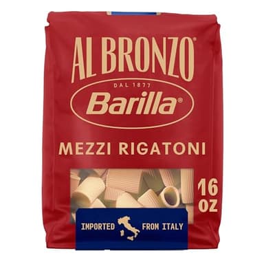 Barilla Al Bronzo Mezzi Rigatoni Pasta 16 oz., Bronze Cut, Created from Durum Wheat, Imported From Italy, Non-GMO, Kosher
