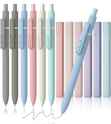 JIMMIDDA 12 Pack Gel Pens, 0.7mm Black Ink Fine Point Smooth Writing with Aesthetic Highlighters, Quick-Dry Long-Lasting Pens Set for Journaling School Office Supplies (6 Pens + 6 Highlighters)
