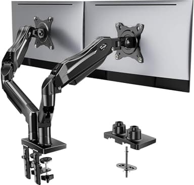 HUANUO FlowLift™ Dual Monitor Stand, Fully Adjustable Gaming Monitor Desk Mount for 13–32″ Computer Screens, Full Motion VESA 75x75/100x100 with C-Clamp & Grommet Base, Each Arm Holds 4.4 to 19.8 lbs