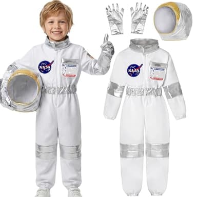Koatobbor Kids Astronaut Costumes America Spacesuit for Boys Girls Space Jumpsuit Halloween Dress up White 10-12 Years