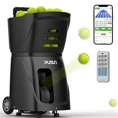 PUSUN Tennis Ball Machine, Tennis Ball Launcher with App/Remote/iWatch Control, Max Speed of 75Mph, 1.8-8s/Ball, Multiple Training Modes(AI Drill/Programming/Random/Vary Speed) 4-6Hrs Battery Life