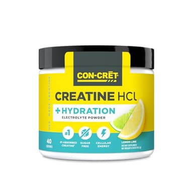 CON-CRET Creatine HCl + Hydration | Electrolyte Powder Tub | Lemon Lime | Sugar Free Electrolytes | Rehydration Formula w Potassium, Sodium, Zinc, Magnesium to Hydrate & Recover (40 serv)