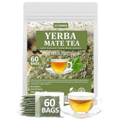 Premium 60 Unsmoked Yerba Mate Tea Bags, Made with 100% Pure Yerba Mate Leaves, No Additives & Caffeine Free.