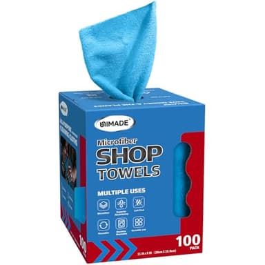 UNIMADE Shop Towels, 100 Sheets Microfiber Cleaning Cloth Commercial Grade Washcloths Lint-Free Bulk Shops Rags for Cars Mechanic Restaurant Garage Housekeeping, 11"x 9", Blue