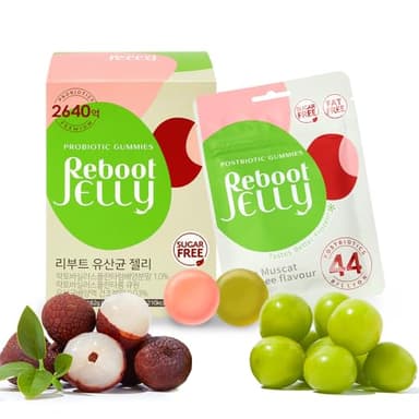 Korean Food Reboot Probiotic Jelly Lychee & Shine Muscat Flavor (27g*6pack) Postbiotics Gummies, No Sugar, No Fat, Gluten Free, Vegetable Pectin