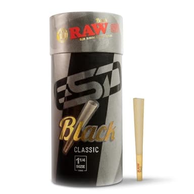 RAW Cones Classic Black 1-1/4 Size | 100 Pack | Slow Burning Pre Rolled Cones - Rolling Paper Pressed Extra Fine for Thin, Naturally Translucent Paper with Tips & Packing Tubes Included