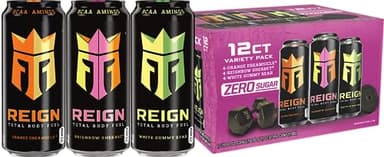 REIGN Total Body Fuel Variety Pack, Orange Dreamsicle, Reignbow Sherbet, White Gummy Bear, Fitness & Performance Drink, 16 Fl Oz (Pack of 12)