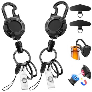 2 Pack Retractable Badge Reel, Heavy Duty Badge Holder with Magnetic Closure, Built-in Bottle Opener Carabiner Clip, Retractable Key Holder with 31.8'' Coated Steel Cord, Holds 18 oz