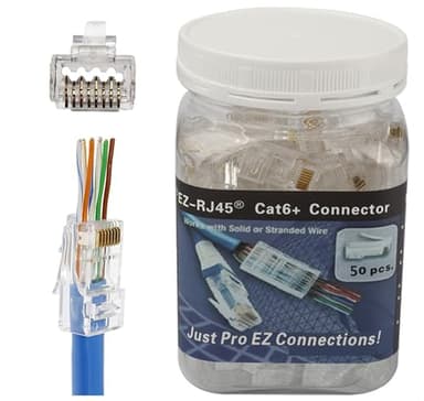 RJ45 Cat6A Cat6 Pass Through Connectors 50Pack 23AWG End Bold Ethernet 8P8C Gold Plated Modular Plug for Unshielded Twisted Pair Solid Wire Standard Cables