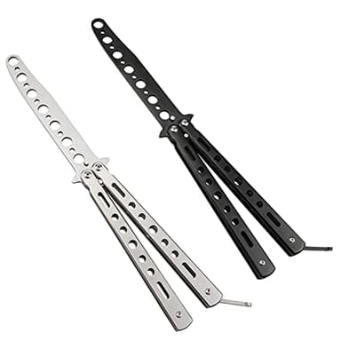 Little World Butterfly Knife - 2 Pack Butterfly Knife Trainer Practice Tool Steel Metal - Folding Unsharpened Comb for Practicing Flipping Tricks, Balisong Trainer Black & Silver