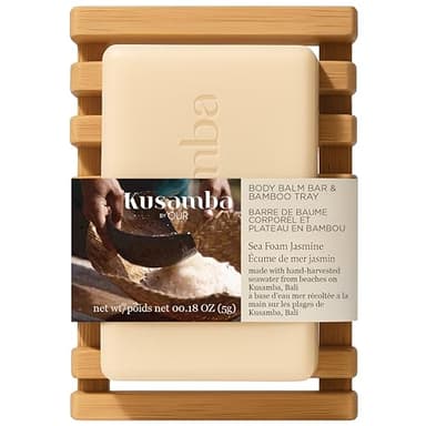 SeaFoam Jasmine Body Balm 100g with Bamboo Tray for Bathroom, Luxurious Herbal Lotion Bar with Natural Oils and Mineral-Rich Seawater, Salt, Kusamba by QUR
