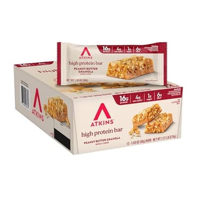 Atkins Peanut Butter Granola High Protein Bar, High Fiber Snack , 16g Protein, 1g Sugar, 4g Net Carb, Protein Snack, 12 Count