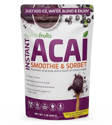 Essenzefruits Instant Acai Powder with Whole Sugar - Designed to blend with Bananas for Smoothies & Acai Bowls, Freeze Dried Brazilian Superberry, Non GMO, Vegan, Gluten Free Superfood (1lb/454g)