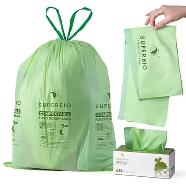 SUPERBIO 13 Gallon Compostable Drawstring Kitchen Waste Bag, 49.2 Liter, 30 Count,1 Mil, Heavy Duty Food Scrap Bags, BPI, Seedling and OK compost INDUSTRIAL