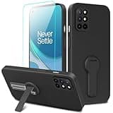 Compatible for OnePlus 8T Phone Case with Glass Screen Protector, 360° Rotatable Folding hidden Kickstand/Stand Silicone TPU Slim Fit Shockproof Protective Cover Case for Oneplus 1+ 8T - Black