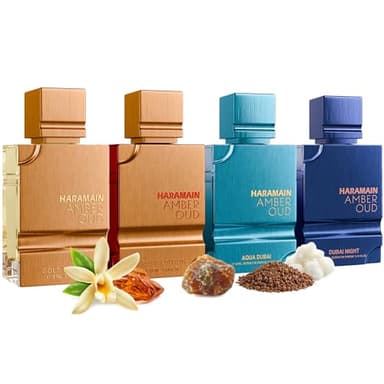 Al Haramain Amber Oud Eau de Parfum 4PC 10ML Each Mini Perfume Set for Women & Men – Cologne Gift Set, Unisex Arabian Perfume Sampler with Gold & Ruby Edition, Dubai Night and Aqua Dubai Fragrances