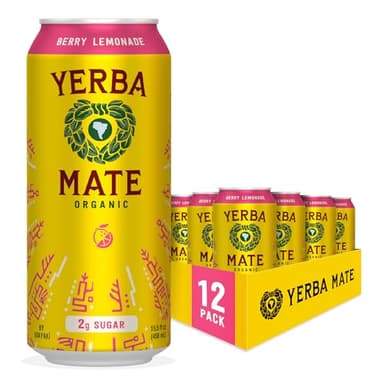 Yerba Madre Organic Yerba Mate, Energy Drink Alternative, Berry Lemonade, Low Sugar, 150mg Natural Caffeine, Better for You Energy & Focus, No Jitters or Crash, 15.5 Oz (Pack of 12) (Packaging May Vary)