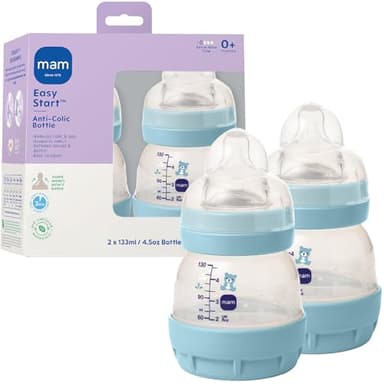 MAM 4.5oz Easy Start Anti-Colic Wide Neck Vented Baby Bottle, Extra Slow Flow Breastfeeding-Like Silicone Nipple, Reduces Colic, Gas & Reflux, Easy to Clean, BPA Free, 0+ Months, Made in Europe